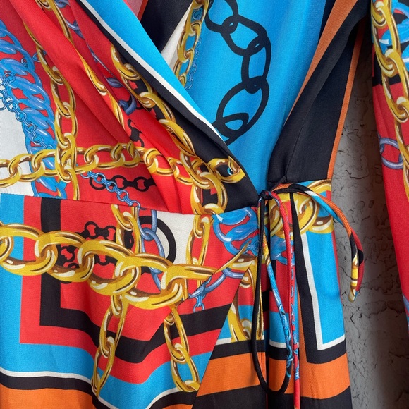 ZARA NWT BLOGGER FAVE Blue & Orange Chain Print Scarf Midi Shirt Dress Sz S - Picture 9 of 13